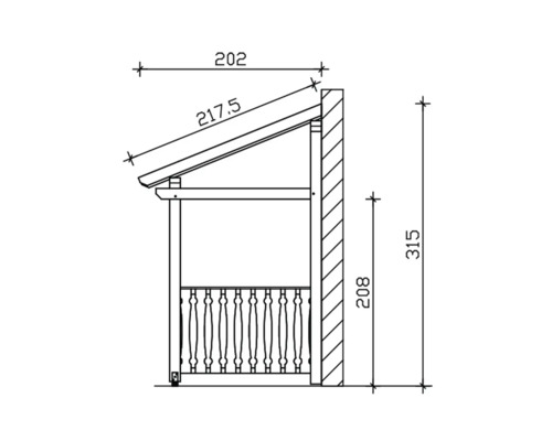 Technische Zeichnung eines Holzpavillons mit Maßangaben