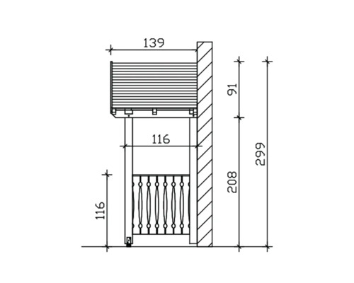 Technische Zeichnung eines Rollladens mit Massangaben