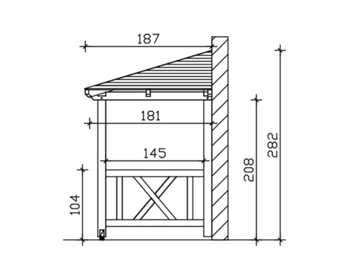 Zeichnung einer Gerätehausansicht mit Massangaben
