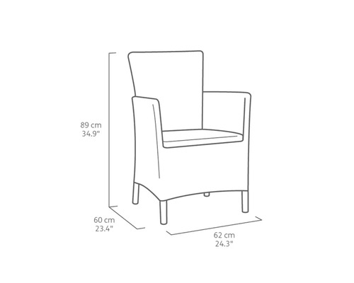 Schéma d''un fauteuil avec indication des dimensions de hauteur, largeur et profondeur