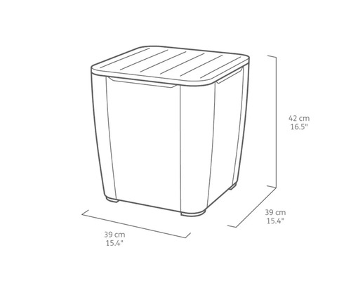 Représentation d''une boîte de rangement mesurant 39 centimètres sur 39 centimètres sur 42 centimètres.
