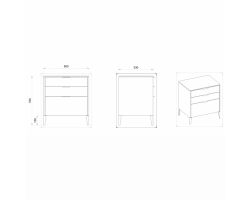 Dessin technique d''une commode à trois tiroirs avec dimensions.