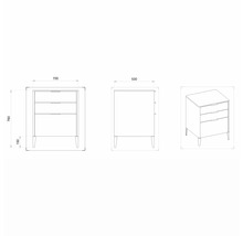 Dessin technique d''un meuble sous-lavabo avec trois tiroirs et indications de dimensions.
