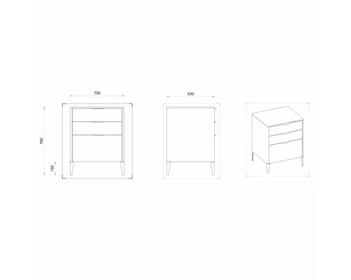 Dessin technique d''un meuble sous-lavabo avec trois tiroirs et indications de dimensions.