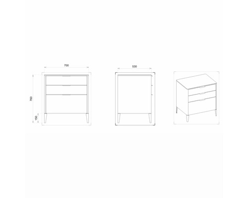 Dessin technique d''une commode à trois tiroirs avec indication des dimensions