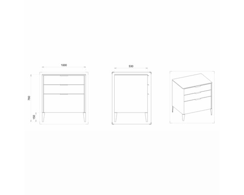 Dessin technique d''une commode avec trois tiroirs et indications de dimensions