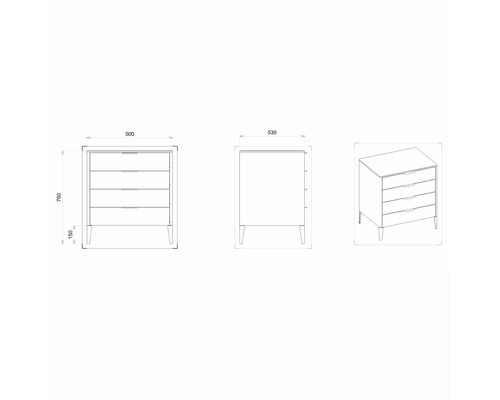 Dessin technique d''une commode avec quatre tiroirs et dimensions.