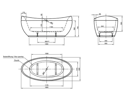 Dessin technique d''une baignoire avec dimensions.