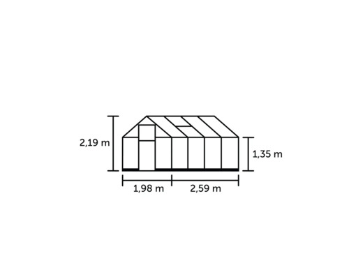 Dimensions d''une serre avec une hauteur de 2,19 mètres, une hauteur latérale de 1,35 mètre, une largeur de 1,98 mètre et une longueur de 2,59 mètres.