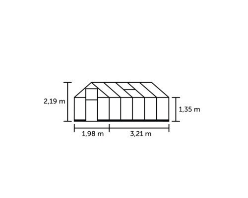 Schéma d''une serre avec des dimensions de 2,19 mètres de hauteur, 1,98 mètre de largeur et 3,21 mètres de longueur.