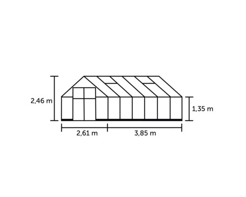 Schéma technique d''une serre de 2,46 mètres de haut, 2,61 mètres de large et 3,85 mètres de long.