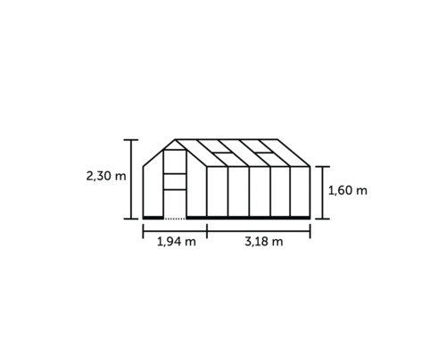 Technische Zeichnung eines Gewächshauses mit Höhen- und Breitenangaben in Metern.