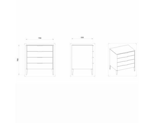 Dessin technique d''une commode à quatre tiroirs avec dimensions.