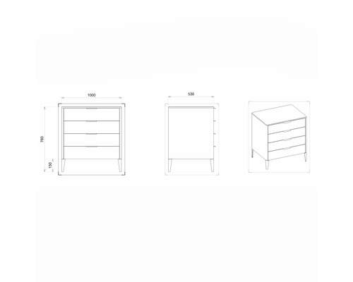 Dessin technique d''une commode à tiroirs avec dimensions