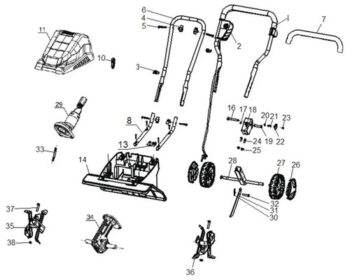 Schéma éclaté d''une tondeuse à gazon avec différentes pièces détachées