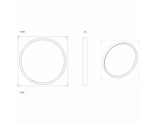 Dessin technique d''un miroir rond dans un cadre carré avec des dimensions.