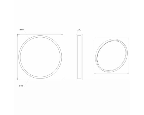 Dessin technique d''un miroir rond mesurant 440 mm de large, 386 mm de diamètre et 58 mm de profondeur.