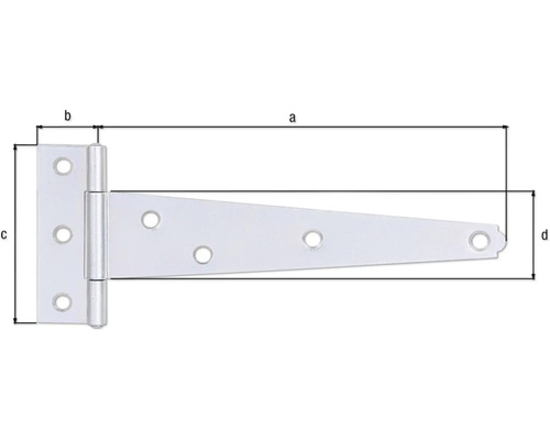 T-Scharnier mit Montagelöchern und Maßangaben