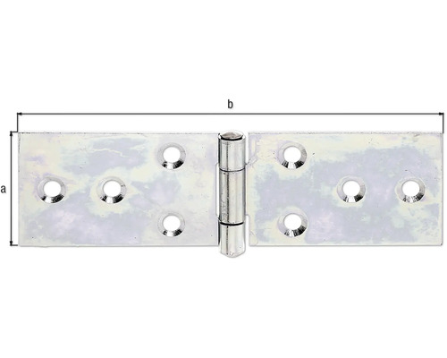 Charnière métallique avec trous de fixation et indications de taille