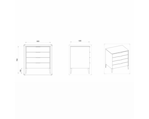 Dessin technique d''une commode à quatre tiroirs avec indications de dimensions