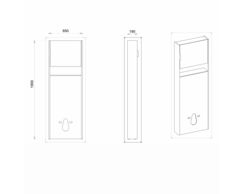 Dessin technique d''un distributeur aux dimensions de 650 x 190 x 1900 mm.
