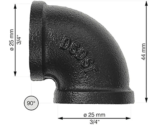 Schwarzes Temperguss-Rohr-Winkelstück mit 90 Grad und 25 mm Durchmesser