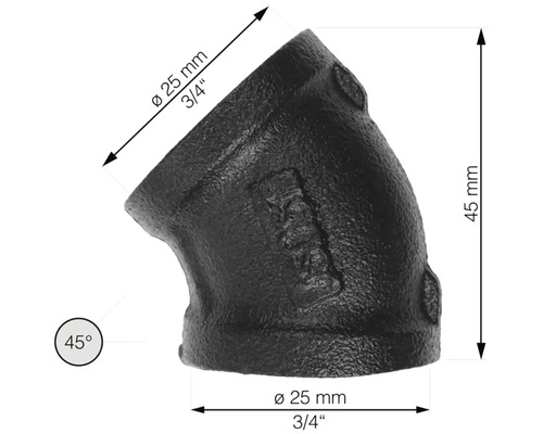 Raccord en fonte, coude à 45 degrés, diamètre 25 mm