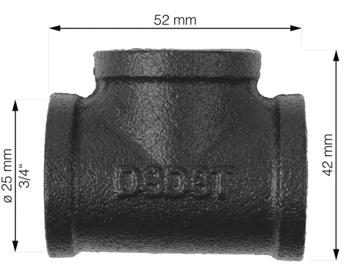 Té en fonte avec des dimensions de 52 mm et 42 mm et un diamètre de 25 mm