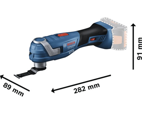 Outil multifonction Bosch avec les dimensions 89 mm, 91 mm et 282 mm