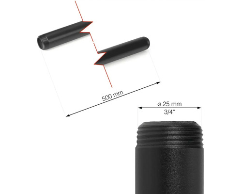 Tuyau en acier noir fileté, dimensions : 500 mm de long et 25 mm de diamètre