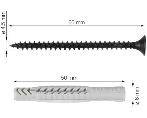Abbildung einer 60 Millimeter Schraube und eines 50 Millimeter Dübels mit Maßangaben