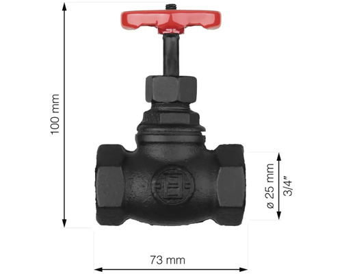 Soupape à siège incliné en fonte avec volant rouge, dimensions 100 x 73 millimètres, diamètre de raccordement 25 millimètres correspond à 3/4 pouce
