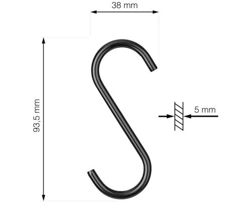 Crochet en S avec des dimensions de 93,5 mm de hauteur, 38 mm de largeur et 5 mm d''épaisseur