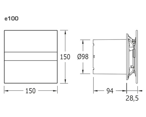 Dessin technique d''un ventilateur mural de dimensions 150 x 150 millimètres et d''un diamètre de 98 millimètres