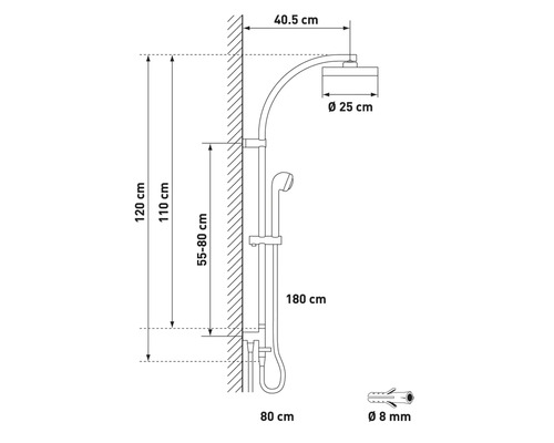 Technische Zeichnung einer Duschgarnitur mit Maßangaben
