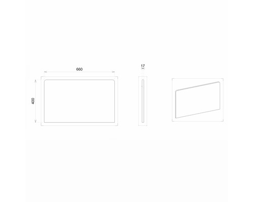 Technische Zeichnung eines Spiegels mit den Maßen 660 mal 400 mal 17 Millimeter