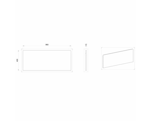 Technische Zeichnung eines rechteckigen Spiegels mit den Maßen 960 mal 400 mal 17 Millimeter