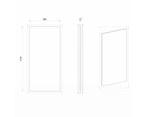 Schéma technique d''un miroir mesurant 1170 x 560 x 17 millimètres.