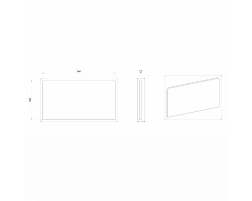 Technische Zeichnung eines Spiegels mit den Massen 560 x 300 x 17 mm.