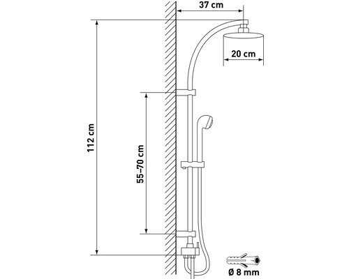 Technische Zeichnung einer Duschsäule mit Maßangaben für die Installation