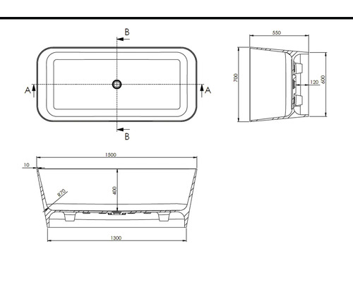 Technische Zeichnung einer Badewanne mit Maßangaben