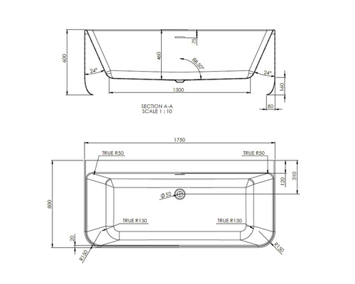 Dessin technique d''une baignoire avec dimensions