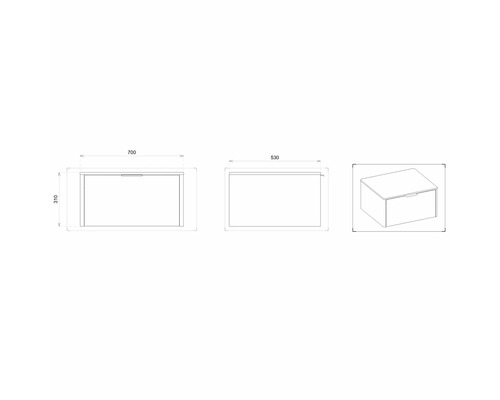 Technische Zeichnung einer Aufbewahrungsbox mit den Maßen 700 x 630 x 310 mm