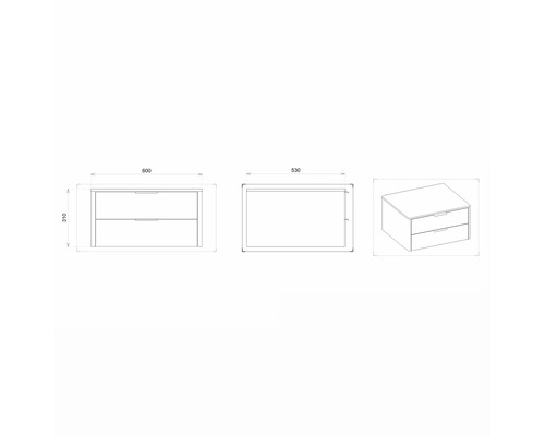 Schéma technique d''un meuble sous-lavabo avec deux tiroirs et indications de dimensions.