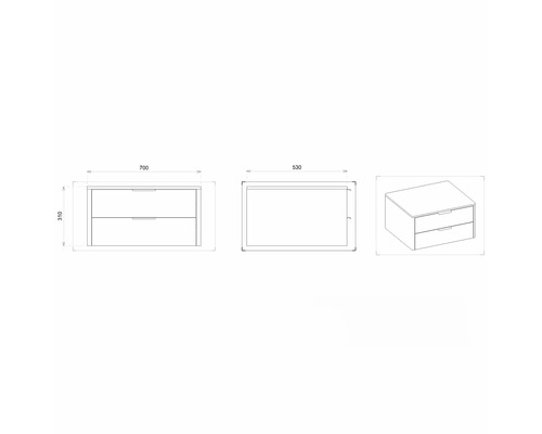 Dessin technique d''un meuble sous-vasque avec deux tiroirs et indications de dimensions