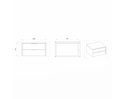 Dessin technique d''un meuble sous-lavabo avec tiroirs et indications de dimensions.