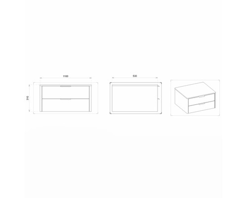 Dessin d''un meuble sous-lavabo mesurant 1100 x 530 x 310 mm