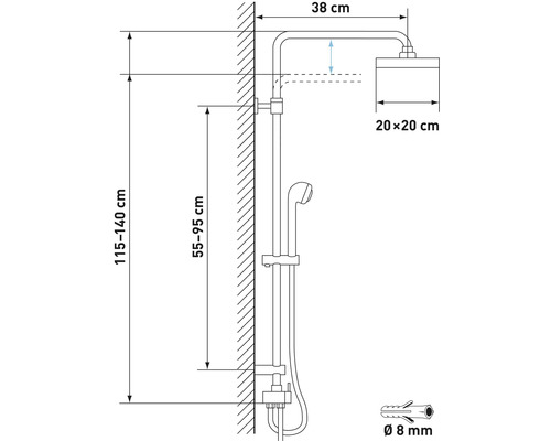 Schéma technique d''un robinet de douche avec indications de dimensions.