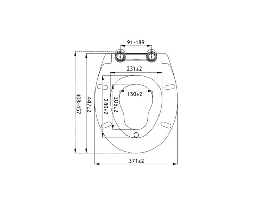 Schéma technique d''un siège de WC avec indications de dimensions