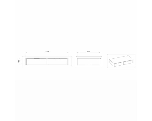 Dessin technique d''une commode à encastrer avec tiroirs et indications de dimensions
